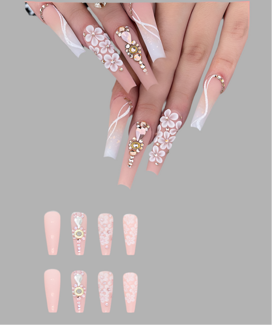 Long Ballet Gradient White Colorful Glitter Tender Girl Fake Nails Wearable